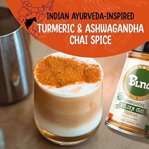 Ayurveda inspired Turmeric, Organic Ashwagandha Golden Chai with wellness Ayurvedic Delights Chai Powder and Turmeric Spice, Use for Tea, Coffee, Cocktails, and Curry Dishes, 8.1 oz